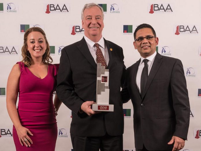 Brad Willcocks of Arthur's Pub accepts the Northumberland Central Chamber of Commerce 2017 Hospitality & Tourism Award from Alexis Smith and Dereck Paul of sponsor Lakefront Utility Services. The awards ceremony was held on February 23, 2018 at at the Best Western Plus Cobourg Inn & Convention Centre in Cobourg. (Photo: Northumberland Central Chamber of Commerce)