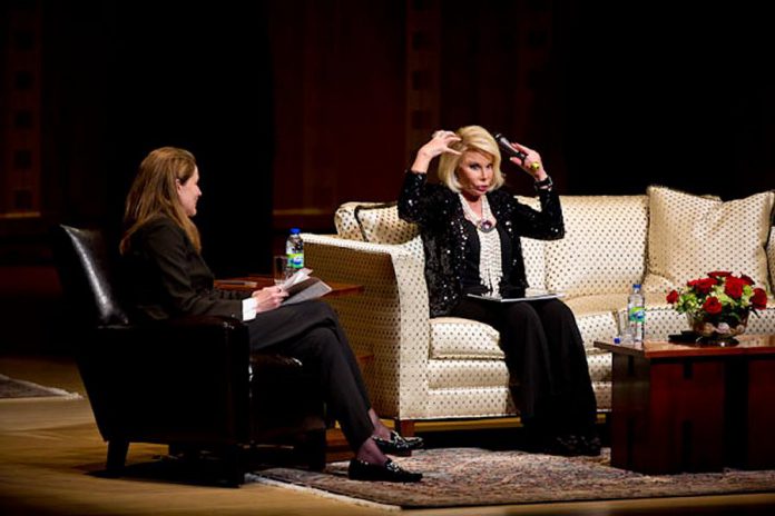 Judy Croon interviews the late legendary comedian Joan Rivers for River's show "Can we Talk?" at Roy Thomson Hall in 2011. Rivers was an inspiration for Croon to pursue a career as a stand-up comic.  (Photo courtesy of Judy Croon)