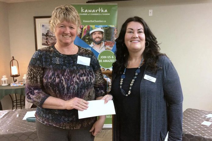  Chamber Board president Cindy Windover (right) thanks Lynn Woodcroft of Royal Lepage Frank Real Estate, who has renewed as the Chamber's Professional Development Sponsor for 2018-19. Gerry Heron of Blue Diamond Window Cleaning has also renewed as the Chamber's Networking Event Sponsor.