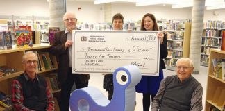 On February 21, 2018, the Peterborough Public Library Foundation presented a cheque for $25,000 for children's furniture at the newly renovated Peterborough Public Library. From left to right: Derryk Renton, Bruce Gravel, Allison Bell, Laura Murray , and James Yates. (Photo: Stephen Vass)