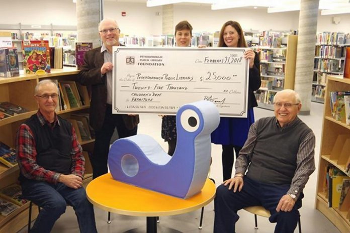 On February 21, 2018, the Peterborough Public Library Foundation presented a cheque for $25,000 for children's furniture at the newly renovated Peterborough Public Library. From left to right: Derryk Renton, Bruce Gravel, Allison Bell, Laura Murray , and James Yates. (Photo: Stephen Vass)