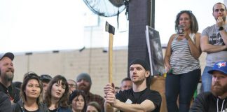 A competitor prepares to throw at the 2017 National Axe Throwing Championships. This year's tournament, which includes six members of the Peterborough Axe Club, takes place on Sunday, February 19th in Toronto. (Photo: National Axe Federation / Facebook)