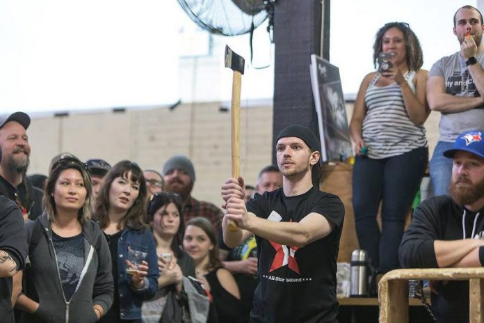 A competitor prepares to throw at the 2017 National Axe Throwing Championships. This year's tournament, which includes six members of the Peterborough Axe Club, takes place on Sunday, February 19th in Toronto. (Photo: National Axe Federation / Facebook)