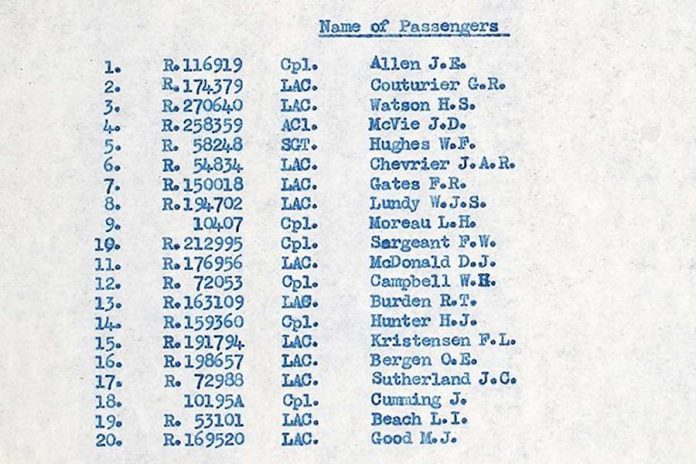 The names of the 20 passengers on Dakota KG653 from the original report after the aircraft went missing on September 24, 1944. (Supplied photo)