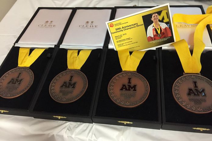 At the 2017 Invictus Games, Denise Hepburn competed in swimming, indoor rowing, and sitting volleyball, and won these four bronze medals in swimming. (Photo courtesy of United Way City of Kawartha Lakes)