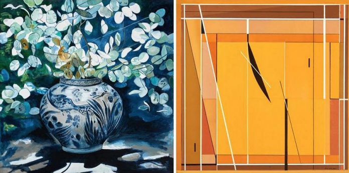  'Chinese Pot and Silver Dollars' 30"x30" by Jane Eccles, and 'Untitled', 30"x30', by Ron Eccles. (Photos courtesy of Christensen Fine Art)