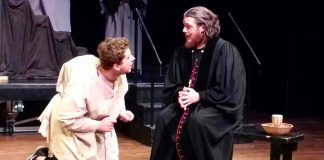 Brandon Remmelgas as Quasimodo and Rowan Lamoureux as Claude Frollo in the Anne Shirley Theatre Company production of "The Hunchback of Notre Dame", a musical based on Victor Hugo's 1831 novel and the 1996 Disney animated film. The production runs from March 9 to 17 at Peterborough's Market Hall. (Photo: Sam Tweedle / kawarthaNOW.com)
