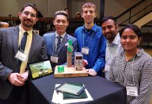 The team of ViSmart from Fleming College, one of the innovation finalists for the 2018 Bears' Lair entrepreneurial competition. The finalists, which also include Transit One and and Kavtek in the innovation stream, and Full Tilt Cycle, Percheron Plastic Inc., and Indigo Green in the goods and services stream, were announced at a showcase event at The Venue in Peterborough on March 6, 2018. (Photo: Ferydoon Diba / Twitter)