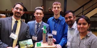 The team of ViSmart from Fleming College, one of the innovation finalists for the 2018 Bears' Lair entrepreneurial competition. The finalists, which also include Transit One and and Kavtek in the innovation stream, and Full Tilt Cycle, Percheron Plastic Inc., and Indigo Green in the goods and services stream, were announced at a showcase event at The Venue in Peterborough on March 6, 2018. (Photo: Ferydoon Diba / Twitter)