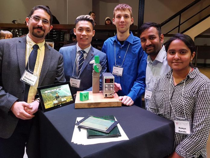 The team of ViSmart from Fleming College, one of the innovation finalists for the 2018 Bears' Lair entrepreneurial competition. The finalists, which also include Transit One and and Kavtek in the innovation stream, and Full Tilt Cycle, Percheron Plastic Inc., and Indigo Green in the goods and services stream, were announced at a showcase event at The Venue in Peterborough on March 6, 2018. (Photo: Ferydoon Diba / Twitter)