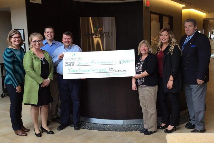 The Commonwell Mutual Insurance Group presented Junior Achievement Peterborough, Lakeland, Muskoka with a cheque for $3,450 in November 2017. (Photo: JA Peterborough, Lakeland, Muskoka)