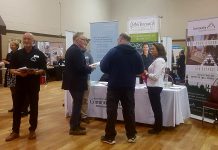 At a recent job fair for GE employees, Joe Rees and Rhonda Keenan of Peterborough & The Kawarthas Economic Development discuss options with attendees. Of the 200 attendees at the job fair, more than 70 signed up for futher information on business development. On March 7, 2018, Community Futures Peterborough, Peterborough & The Kawarthas Economic Development, and Fleming College will be providing GE employees with information on training, business development, and business financing opportunities. (Photo: Community Futures Peterborough)