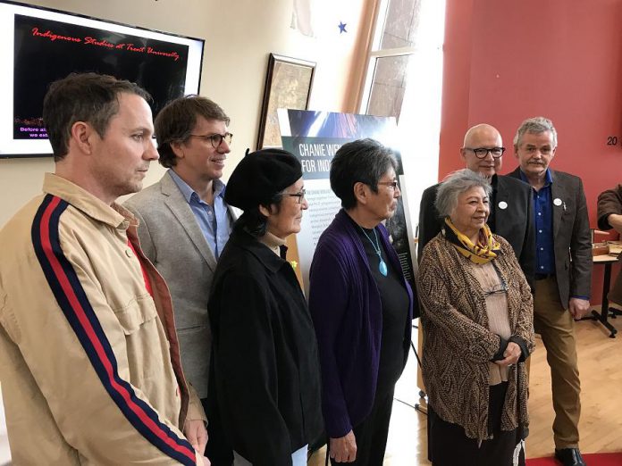 Gord Downie's brothers Mike and Patrick and Chanie Wenjack's sisters Pearl Achneepineskum, Daisy Munroe, and Evelyn Baxter along with Professor David Newhouse, the school's director, and Trent University president Dr. Leo Groarke, at the official launch of the Chanie Wenjack School for Indigenous Studies on March 2, 2018. (Photo: Trent University)