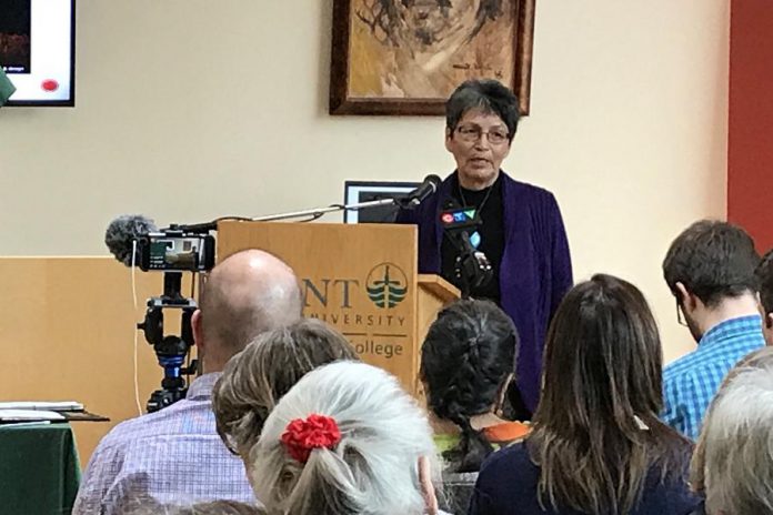 Chanie Wenjack's sister Pearl Achneepineskum, speaking at the official launch of  the Chanie Wenjack School for Indigenous Studies. (Photo: Trent University)