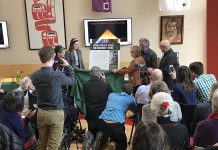 The families of Chanie Wenjack and Gord Downie gathered together with Trent University students, staff, faculty and local community members in Peterborough on March 2, 2018 to celebrate the official launch of the Chanie Wenjack School for Indigenous Studies. (Photo: Trent University)