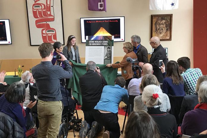 The families of Chanie Wenjack and Gord Downie gathered together with Trent University students, staff, faculty and local community members in Peterborough on March 2, 2018 to celebrate the official launch of the Chanie Wenjack School for Indigenous Studies. (Photo: Trent University)