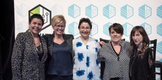 After being introduced by Minister of Status of Women Maryam Monsef (centre), four female entrepreneurs participated in a panel discussion at FastStart Peterborough's E-Connect event om March 5, 2018: kawarthaNOW.com co-founder and publisher Jeannine Taylor, Steelworks Design co-founder Rhonda Barnet, "serial entrepreneur" Peggy Shaughnessy, and Amusé Coffee founder Lindsay Brock. (Photo: Samantha Moss / MossWorks Photography)