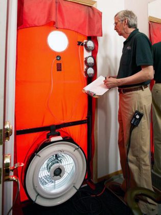 A blower door test alerts a homeowner to potential ventilation issues and pinpoints areas of air leakage allowing the homeowner to centre in on these problem areas to seal air infiltration points in the home, from outside air.  (Photo courtesy of GreenUP)