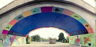 The City of Peterborough's Public Art Program is seeking Indigenous artists to create a new public artwork for Millennium Park to acknowledge Nogojiwanong on the traditional territory of the Michi Saagiig people. Pictured is a mural under the Hunter Street bridge in Peterborough by Toronto artist Kirsten McCrea that includes 'Nogojiwanong', the Anishinaabe name for what is now called Peterborough. (Photo: Kirsten McCrea)