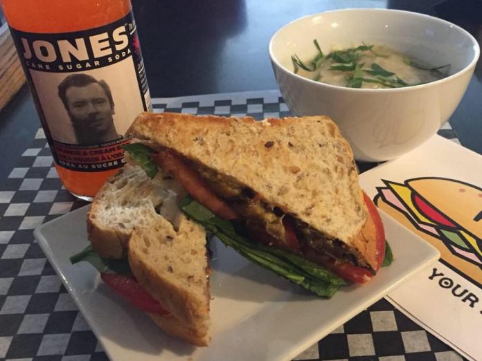 An ELT: Eggplant, lettuce and tomato made with smokey maple eggplant and served with a baked potato soup. Benji's Buns uses products from independent producers whenever possible. (Photo: Benji's Buns)