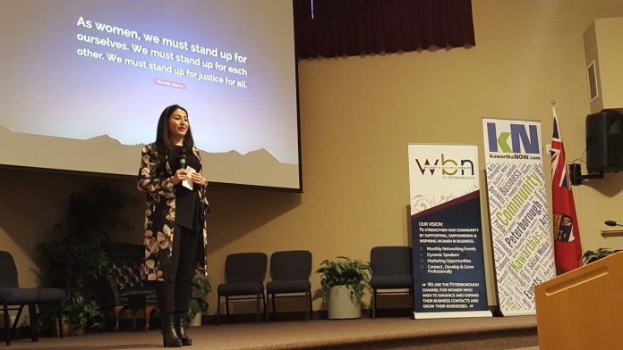 Peterborough-Kawartha MP and Minister of Status of Women Maryam Monsef speaking at the second annual International Women's Day Peterborough conference on March 8, 2018. The previous week, Monsef announced the creation of the Women of Peterborough–Kawartha Community Award during the inaugural Rural Women's Summit in Buckhorn. (Photo: Jeannine Taylor / kawarthaNOW.com)