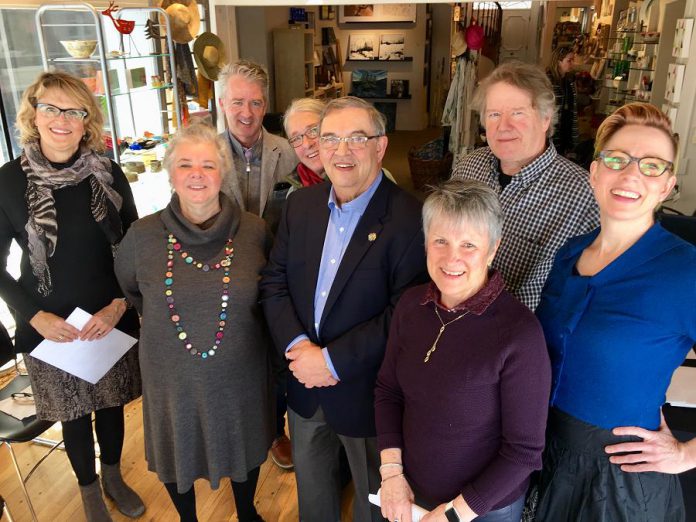 Championed by Bill Lockington (front centre) and administered by Electric City Culture Council through Executive Director Sue Ditta (second from left), the inaugural Peterborough Arts Awards will be presented to six individuals who have shown outstanding achievement in the arts. Also pictured, from left to right, are sponsors Shelley Barrie of Merit II Realty Limited, Paul Hickey of BrandHealth, Kate Ramsay (behind Bill Lockington), and Betty Morris of The Stewart Group, along with Bill Kimball of Public Energy and writer and performer Kate Story. Not pictured: sponsor Paul Bennett of Ashburnam Realty. (Photo: Tammy Thorne / kawarthaNOW.com)