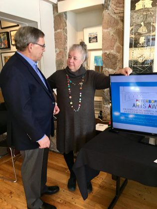 Bill Lockington of LLF Lawyers with EC3 executive director Sue Ditta at the announcement of the inaugural Peterborough Arts Awards, held March 15, 2018 at Art Gallery of Peterborough. (Photo: Tammy Thorne / kawarthaNOW.com)