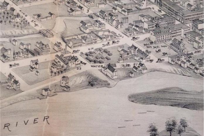Nogojiwanong was renamed "Peterborough" by colonial settlers after Peter Robinson and 2,000 Irish immigrants began a colony in the area in 1825. Pictured is a rendering of the settlement on the shoreline of the Otonabee River circa 1875. (Image: The Nogojiwanong Project)