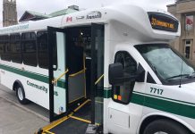 The new Peterborough Community Bus service begins on March 4, 2018. The bus will follow a set route serving Lansdowne Place, grocery stores, seniors' homes, medical clinics, and the Peterborough Regional Health Centre (PRHC). The bus is available to everyone and costs the same as regular transit. (Photo: City of Peterborough)