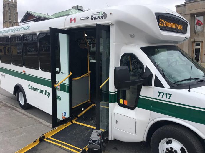The new Peterborough Community Bus service begins on March 4, 2018. The bus will follow a set route serving Lansdowne Place, grocery stores, seniors' homes, medical clinics, and the Peterborough Regional Health Centre (PRHC). The bus is available to everyone and costs the same as regular transit. (Photo: City of Peterborough)