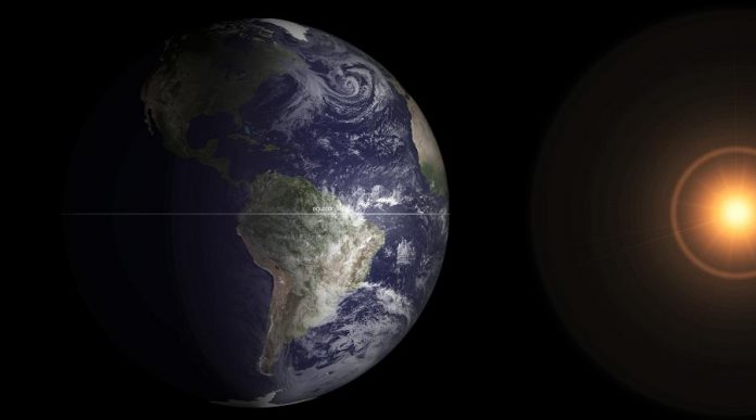 Spring arrives in the northern hemisphere when the equator passes the centre of the sun's disk and the earth's axis is perpendicular to the sun. Daylight hours begin to increase until June, as the northern hemisphere increasingly tilts towards the sun. (Photo: NASA)
