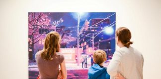 Visitors to the Art Gallery of Peterborough looking at a painting by Keita Morimoto at the opening of the 'These things I Have Seen' exhibition, one of three exhibits on now at the gallery until June 24th. (Photo: Karol Orzechowski / Decipher Images)