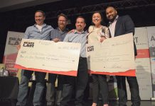Percheron Plastic Inc. (which produces FireStraw fire starters) and virtual and augmented reality start-up Kavtek accepting their cash prize of $6,500 each at the final pitch event of the 2018 Bears' Lair Entrepreneurial Competition, held on April 18, 2018 at The Venue in downtown Peterborough. Along with the cash prize, the winners receive in-kind prizes, all donated by the 2018 Bears' Lair sponsors. (Photo courtesy of Scott Howard)