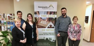 Located in downtown Peterborough, Community Futures Peterborough provides flexible financing options and a wide variety of services to help businesses thrive. Governed by a volunteer board of directors, the not-for-profit organization's staff include (from left to right): Executive Director Gail Moorhouse, Entrepreneurial Training Program Coordinator Siam Grobler, Office Administrator Michelle Foster, Business and Loans Officer Ryan Plumpton, and Program Administrator Pat Peeling. (Photo: Tammy Thorne / kawarthaNOW.com)