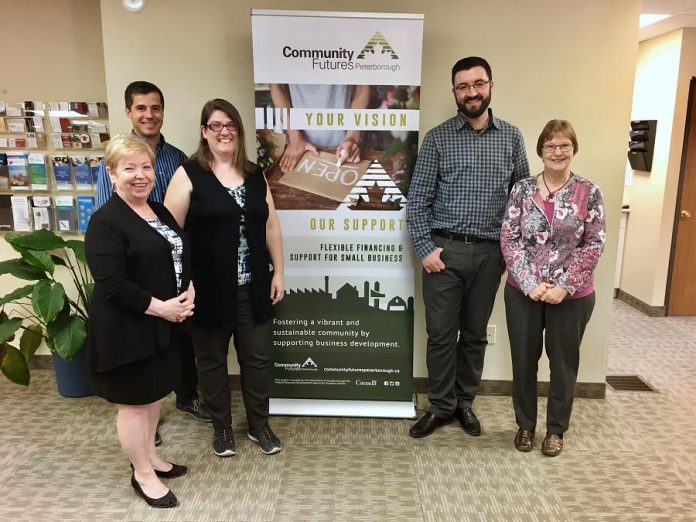 Located in downtown Peterborough, Community Futures Peterborough provides flexible financing options and a wide variety of services to help businesses thrive. Governed by a volunteer board of directors, the not-for-profit organization's staff include (from left to right): Executive Director Gail Moorhouse, Entrepreneurial Training Program Coordinator Siam Grobler, Office Administrator Michelle Foster, Business and Loans Officer Ryan Plumpton, and Program Administrator Pat Peeling. (Photo: Tammy Thorne / kawarthaNOW.com)
