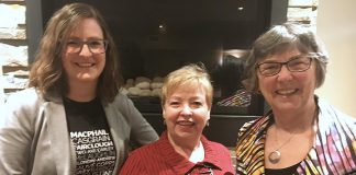The panelists at "Cultivating Change: Engaging Women In Political Action" held on April 26, 2018, from left to right: Laridae management consultant Lauren Hunter, 2010 Cambridge municipal election candidate Gail Moorhouse, and Selwyn Township Mayor Mary Smith. (Photo: Paul Rellinger / kawarthaNOW.com)
