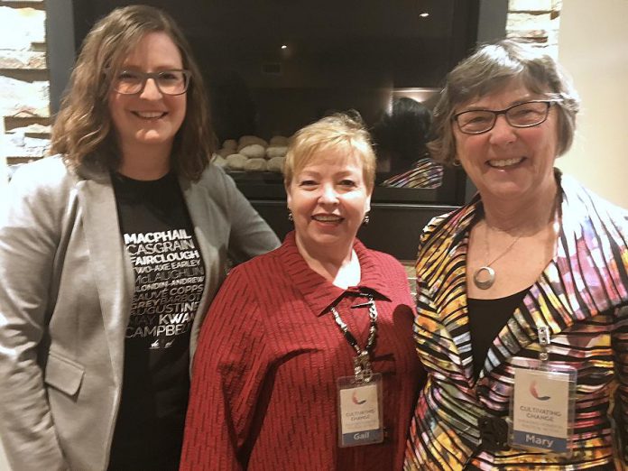 The panelists at "Cultivating Change: Engaging Women In Political Action" held on April 26, 2018, from left to right: Laridae management consultant Lauren Hunter, 2010 Cambridge municipal election candidate Gail Moorhouse, and Selwyn Township Mayor Mary Smith. (Photo: Paul Rellinger / kawarthaNOW.com)