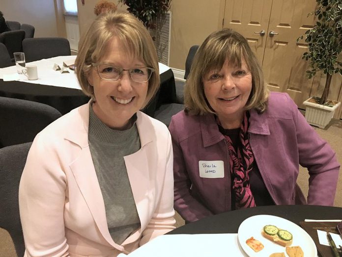 A sold-out crowd of around 80 women attended the non-partisan "Cultivating Change: Engaging Women In Political Action" event held April 26, 2018 at the Ashburnham Reception Centre, including Kim Zippel (left), who has announced her intention to run as a municipal election candidate in Otonabee Ward, and Sheila Wood, who is eyeing a run in Ashburnham Ward.  (Photo: Paul Rellinger / kawarthaNOW.com)