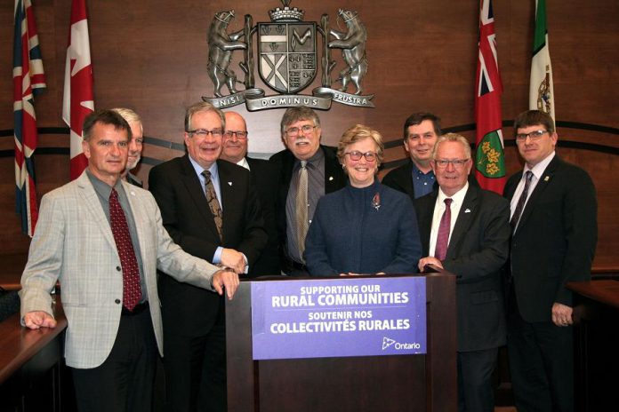 On April 23, 2018 in Belleville, Peterborough MPP Jeff Leal, Minister Responsible for Small Business and Minister of Agriculture, Food and Rural Affairs, announced a $71 million contribution from the Province of Ontario to an initiative proposed by the Eastern Ontario Regional Network, a non-profit organization created by the Eastern Ontario Wardens' Caucus, to to fill gaps in celluar coverage in eastern Ontario. Also pictured are Peterborough County Warden Joe Taylor, Frontenac County Warden Ron Higgins, Lanark County Warden and Eastern Ontario Leaderswhip Council Chairman John Fenick, EORN Chairman J. Murray Jones, Eastern Ontario Wardens' Caucus Chairwoman Robin Jones, Northumberland County Warden Mark Loveshin, Prince Edward County Mayor Robert Quaiff, and Hastings County Warden Rodney Cooney. (Photo courtesy of Peterborough County)
