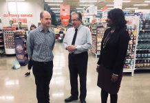 Dave Morello (left), co-owner of Morello's Independent Grocer, gave a tour of his store to Peterborough MPP Jeff Leal, Minister Responsible for Small Business, and MPP Mitzie Hunter, Minister of Advanced Education and Skills Development, at the Employing Young Talent Incentive announcement on April 3, 2018. (Photo: Paul Rellinger / kawarthaNOW.com)