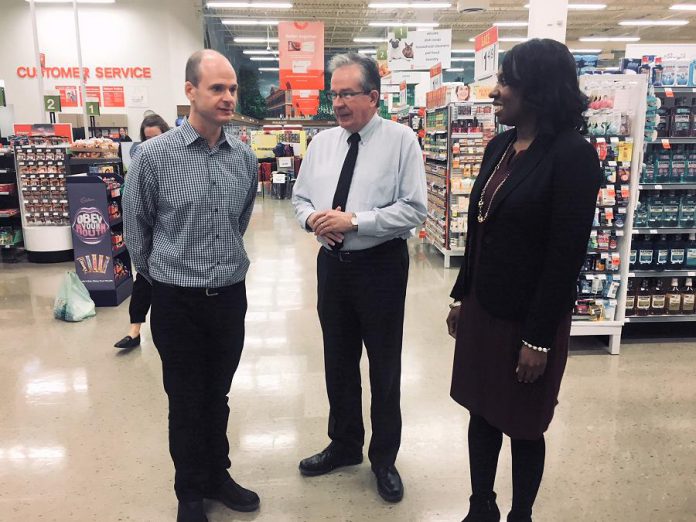 Dave Morello (left), co-owner of Morello's Independent Grocer, gave a tour of his store to Peterborough MPP Jeff Leal, Minister Responsible for Small Business, and MPP Mitzie Hunter, Minister of Advanced Education and Skills Development, at the Employing Young Talent Incentive announcement on April 3, 2018. (Photo: Paul Rellinger / kawarthaNOW.com)