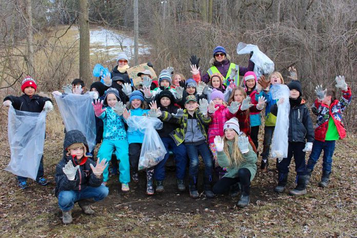 Around 100 students and staff from King George Public School in Peterborough organized a clean up of Armour Hill and Rube Brady Park in East City on April 5th. Many Earth Day cleanups are planned throughout the City of Peterborough, including a city wide annual cleanup, The Super Spring Cleanup hosted by Rotary Club of Peterborough on Saturday, April 21st at Confederation Park across from City Hall. (Photo courtesy of GreenUP)
