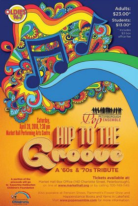 "Hip to the Groove" takes place at 7:30 p.m. on Saturday, April 18th at the Market Hall in downtown Peterborough. (Poster courtesy of Peterborough Pop Ensemble)