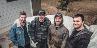 Peterborough filmmaker and stock car racer Jeremy Kelly (left) with his hoonin' buddies Andy McCann, Tyler Junkin, and Nate Mitchell. Specialty cable channel Velocity will air Kelly's "Hoonin' All Day" to 70 million households in the United States on Friday, April 27. (Photo: Bryan Reid)