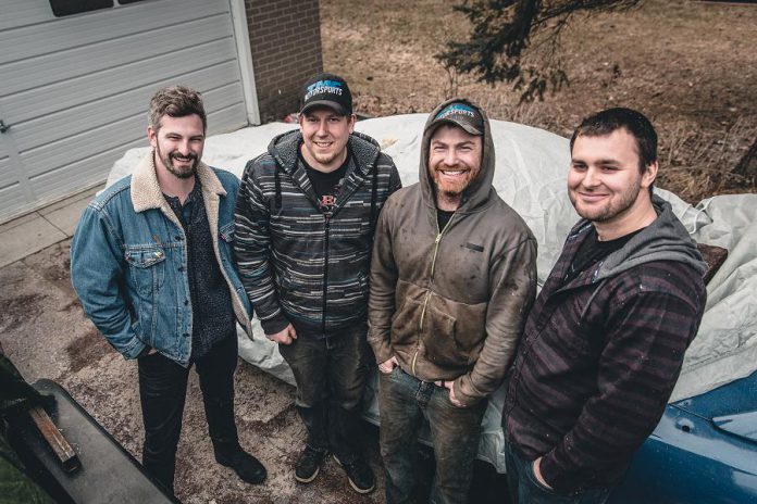 Peterborough filmmaker and stock car racer Jeremy Kelly (left) with his hoonin' buddies Andy McCann, Tyler Junkin, and Nate Mitchell. Specialty cable channel Velocity will air Kelly's "Hoonin' All Day" to 70 million households in the United States on Friday, April 27. (Photo: Bryan Reid)