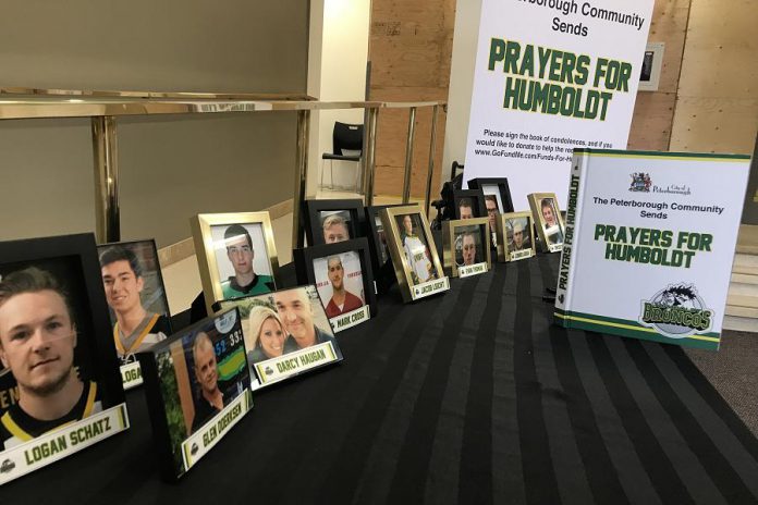 Along with the  book of condolences, a display honouring the memory of the 15 players, coaches, and staff who lost their lives on April 6, 2018. (Photo courtesy of the Peterborough Petes)