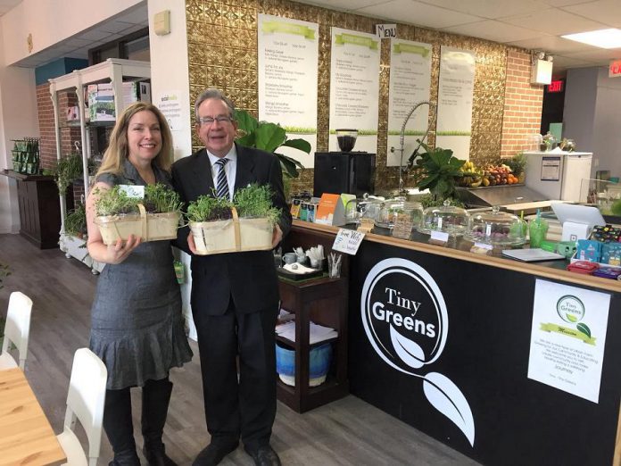 When he was Peterborough-Kawartha MPP, Jeaf Leal dropped in for a tour of Tiny Greens in downtown Peterborough on April 18, 2018 after announcing up to $430,000 in downtown revitalization funding for the City of Peterborough and municipalities within Peterborough County. (Photo: Tiny Greens / Twitter)