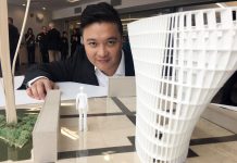 Peterborough legal firm LLF Lawyers is sponsoring the new public square beside the Peterborough Public Library in the amount of $100,000, including $20,000 for the acquisition and installation of a new public art piece. Here Toronto architect Patrick Li poses with a model of his design that was chosen for the public square. LLF Lawyers is asking for the public to vote for one of seven selected names for the new public square. (Photo: Paul Rellinger / kawarthaNOW.com)