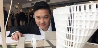 Peterborough legal firm LLF Lawyers is sponsoring the new public square beside the Peterborough Public Library in the amount of $100,000, including $20,000 for the acquisition and installation of a new public art piece. Here Toronto architect Patrick Li poses with a model of his design that was chosen for the public square. LLF Lawyers is asking for the public to vote for one of seven selected names for the new public square. (Photo: Paul Rellinger / kawarthaNOW.com)