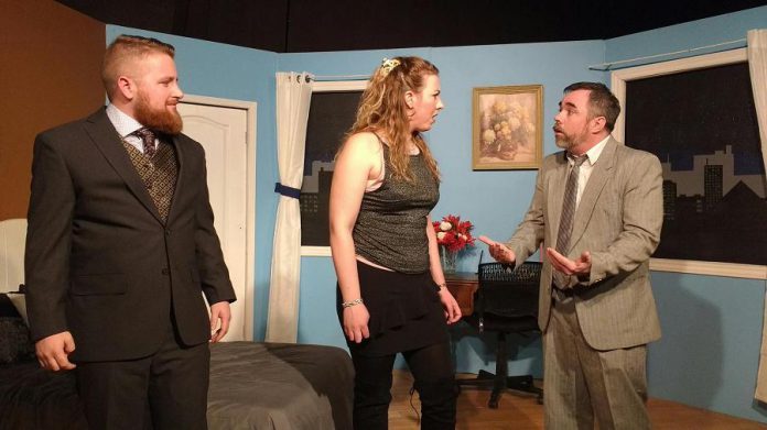 The love triangle: Ben Whyte as Mitchell, Holly English as Arlene, and Seamus McCann as Paul. As the play progresses, loyalties change, relationships change, rivalries are formed, and murder is on everybody's mind. (Photo: Sam Tweedle / kawarthaNOW.com)